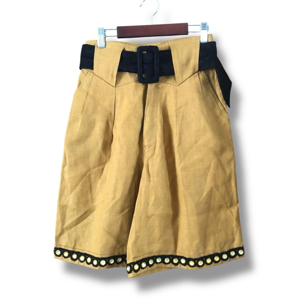 Vintage Norbert Nel Wide Leg Belted Embellished Shorts Mustard Yellow Size 38